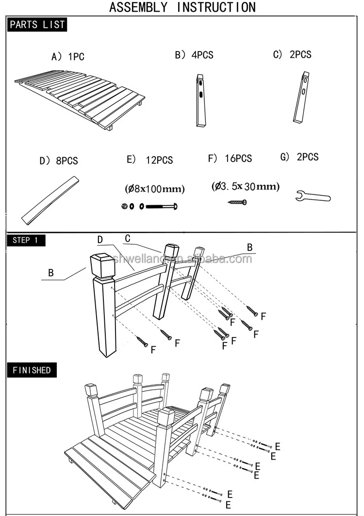 Wooden Garden Walking Bridge 5ft Unfinished With Double Blue Safety