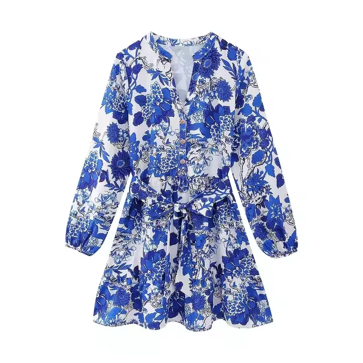 Women High Street Female Clothes New Fashion With a Belt Printing Dresses  Women Dress Summer Ladies Geometric Print Dress