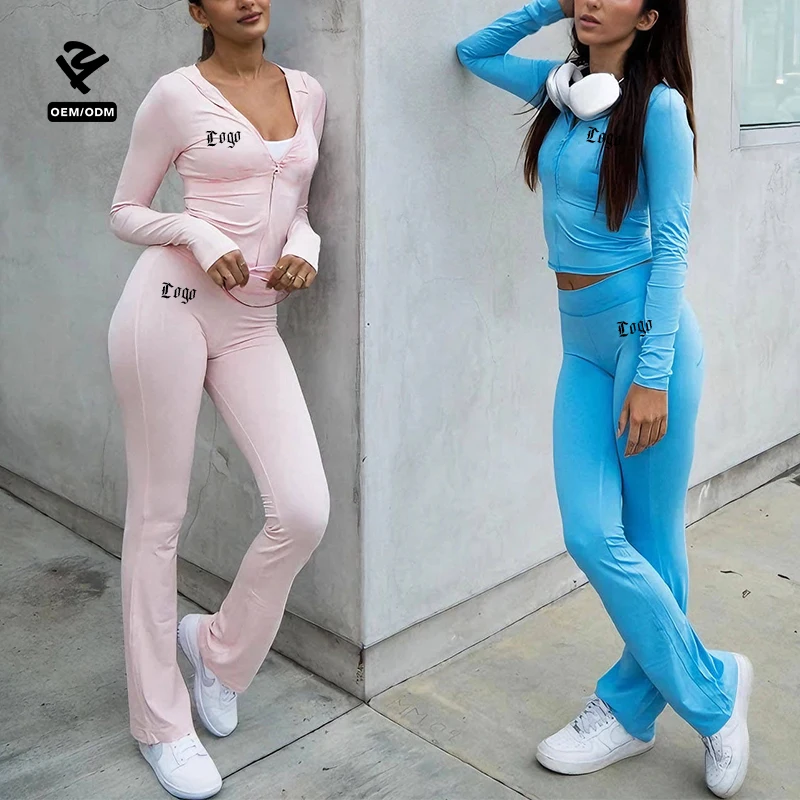 High Stretch Custom Logo Outfits Two Piece Set Women Clothing Y2k Tracksuit Set Bodycon Zipper Thumb Hole Jacket Leggings Set