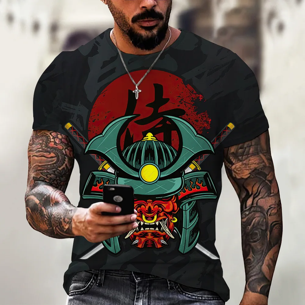 Cross Border Japanese Style Harajuku Samurai Tattoo Men's T-shirt Fashion Art Mask Round Neck Short Sleeved Punk Clothing