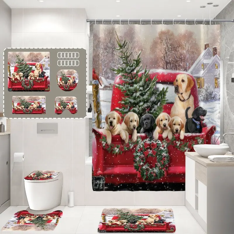 Polyester 3d Digital Printing 4 Pieces  Roll up Snowflake Christmas Shower Curtain Sets for Bathroom