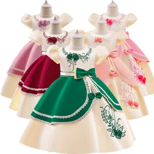 2021 Children Bow Tie Embroidery Girls Flower Formal Clothes Solid Short Sleeve Ball Gown Skirt Performance Princess Dress