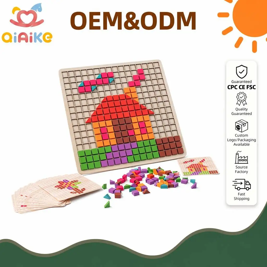 Set costruttivo all'ingrosso personalizzabile con 210 pezzi in legno, blocchi pixel per mosaici 3D, puzzle Montessori, giocattolo educativo fai-da-te creativo per bambini