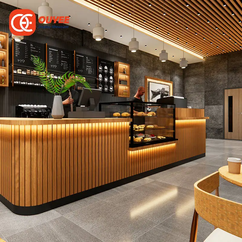 Customized New Decoration Coffee Shop Counter Layout Shop Coffee Coffee Bar  With Shelves for Shopping Mall Cafe Kiosk