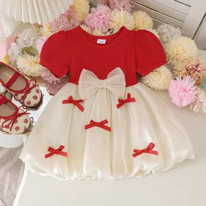 2026 Summer Boutique Kids Girls Clothing Short-sleeved Cute Round-neck Mesh Patchwork Princess Dress Toddler Dresses Wholesale
