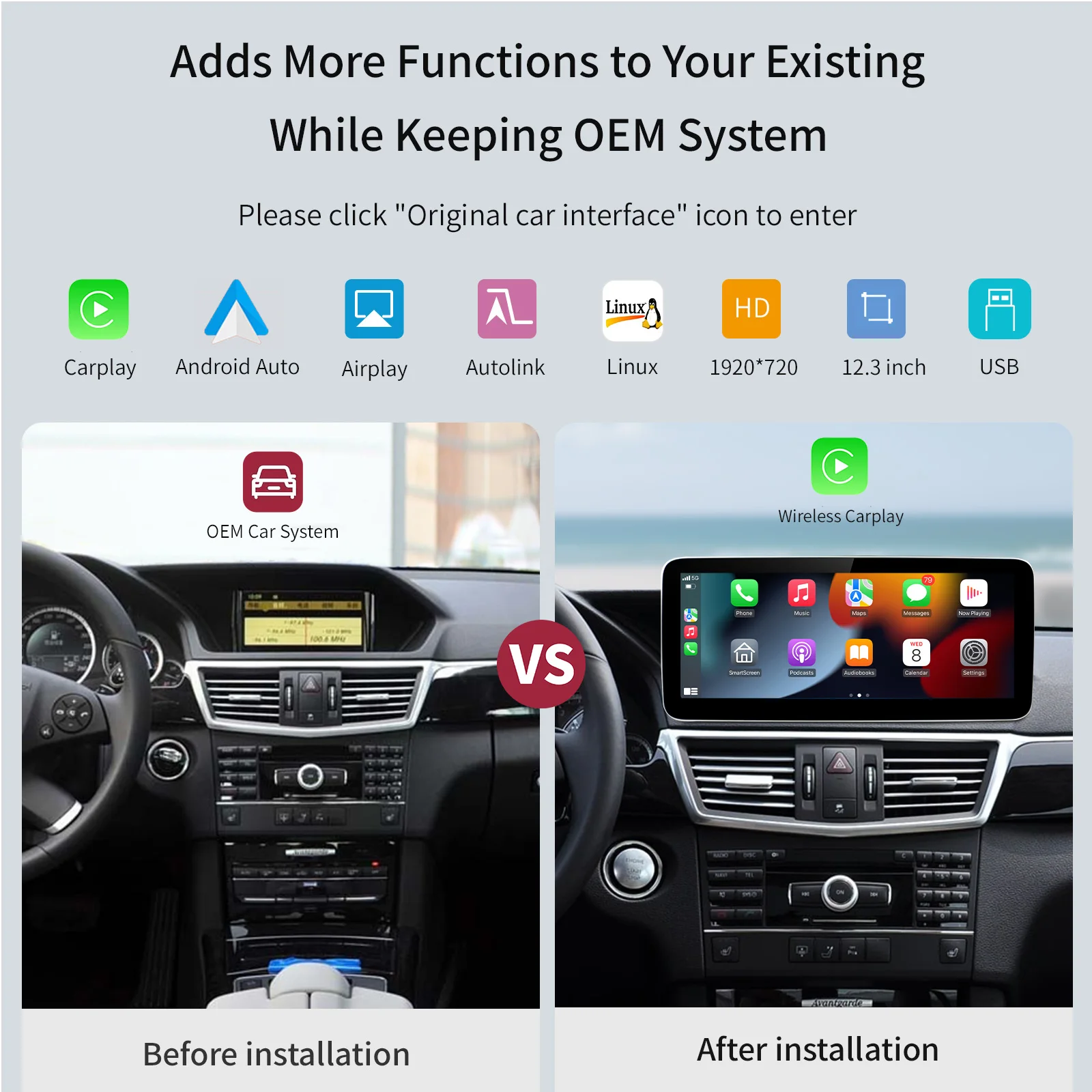 Wireless Carplay Linux Screen Upgrade for Mercedes Benz NTG4.5 W212 C207 X204 W246 Android Auto Navigation Support Rear Camera
