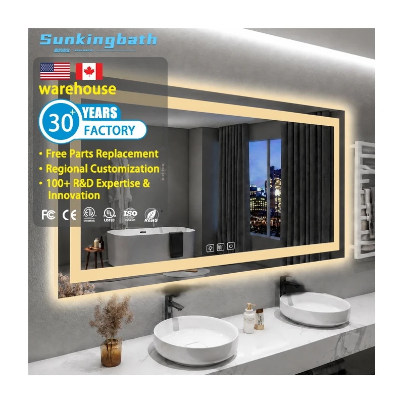 Modern Bath Mirrors Large Rectangle Smart Anti Fog Led Makeup Mirror Brightness Touch Hotel Bathroom Mirrors with LED Light