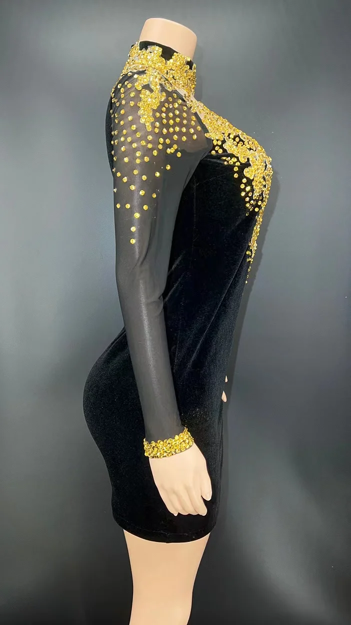 black velvet gold dress Luxury Black Velvet Dress with Golden Embroidery XS