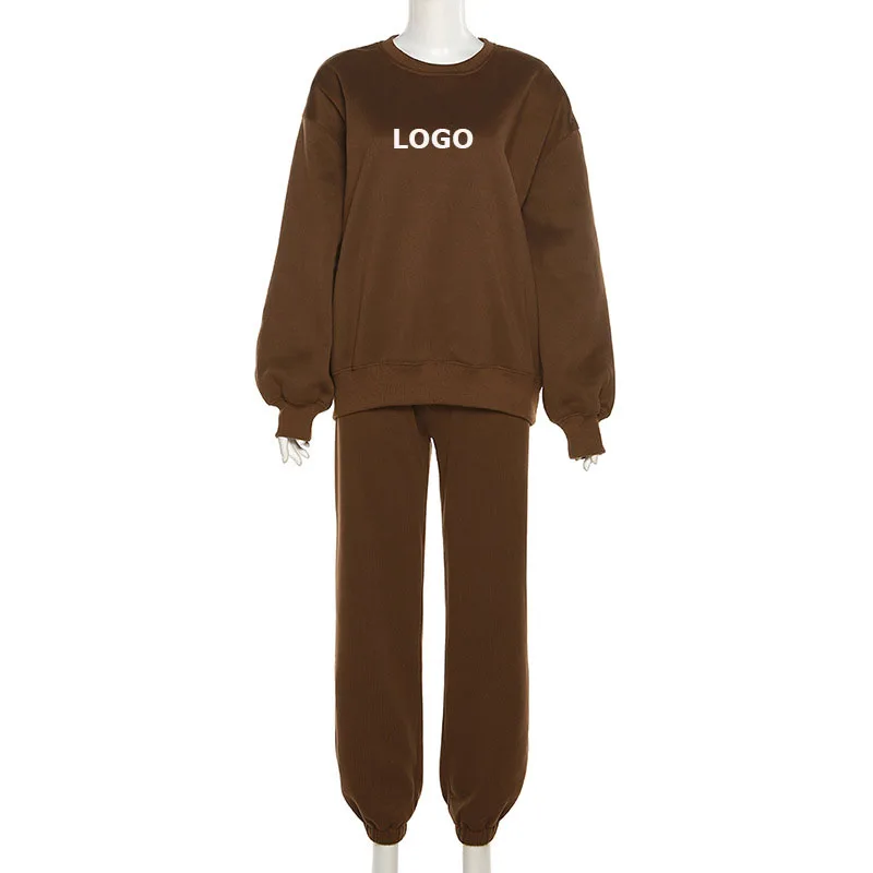 Custom Tracksuit Embroidery Logo Cotton Crewneck Sweatsuit 320 gsm 100% Cotton Women Heavy Plush Sweat Suits