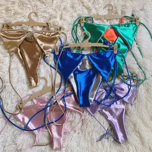 Custom New Lace up Bikini Set Solid Color Women's Swimwear Triangle Thong Bathing Suit Swimsuits for Women OEM Service Bikinis