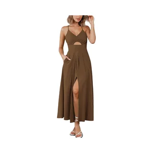 Women's 2025 Summer Sleeveless V-Neck Cutout Maxi Dress Chiffon Beaded Spaghetti Strap Casual Beach Party Floor-Length Natural