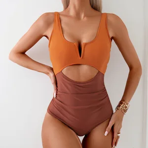 Deep V Neck Colorblock One-Piece Swimsuit for Women Slimming Design Bathing Suit for Beach Vacation New Style