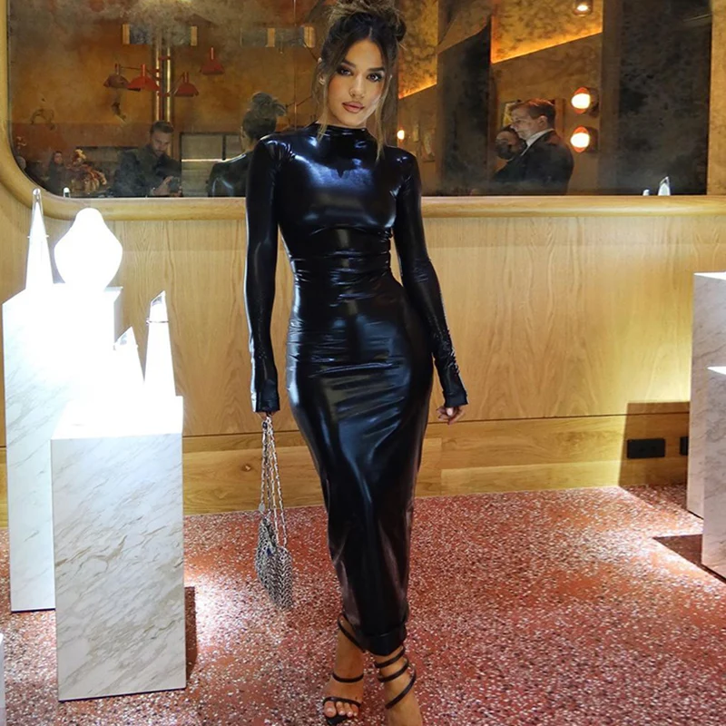 Robe En Cuir Verni Bodycon Femme - Brillante, Fermeture éclair Devant
