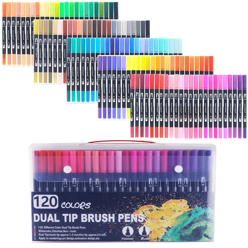 120 Colors Duo Tip Art Markers,Lanrenweng Fine Brush Tip Colored