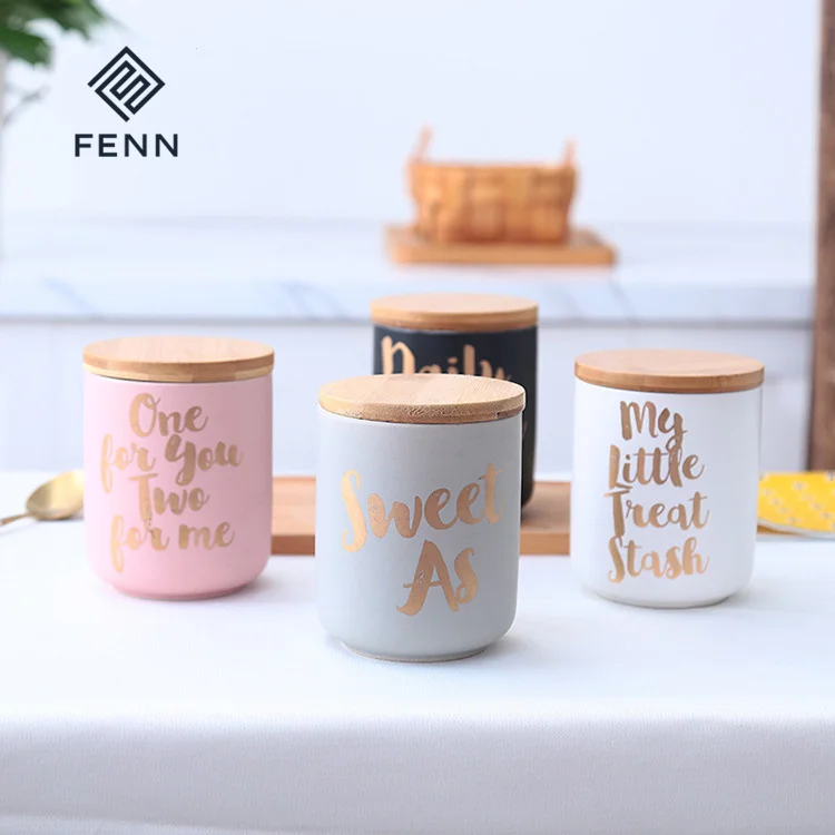 FENN customized matte kitchen canister airtight jar ceramic coffee canister sets with wooden bamboo lids for home and kitchen