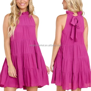 Custom Casual Loose Dress Summer Lined Bow Tie Closure Ruffled Mini Short Tiered Dresses Women