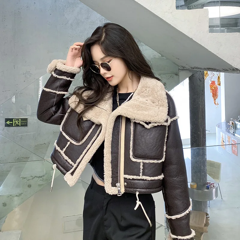 Wholesale Fashion Design Cropped Sheepskin Leather Jacket Real