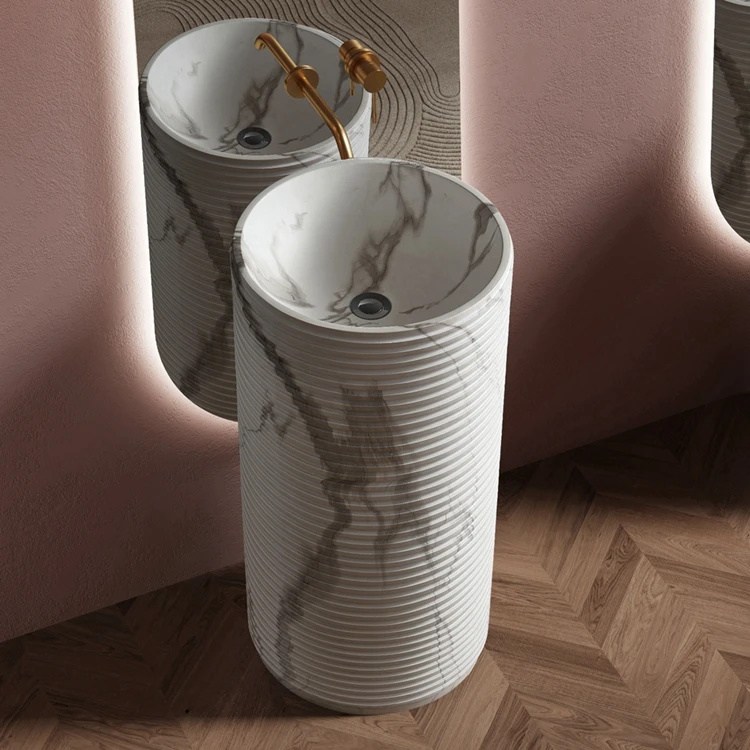 Designer's Favorite Marble Pattern Bathroom Basin Sink Volaks Free Standing Round Wash Basin Artificial Stone Hotel Vessel Sink