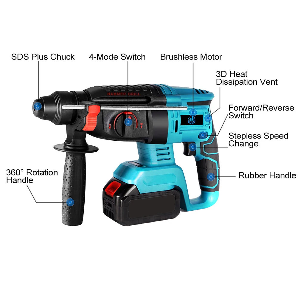 Cordless Electric Brushless Rotary Hammer Drill Machine 700w 26mm