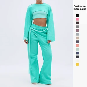 Women's Custom Logo Waffle Knit Long Sleeve Outfit Set Crewneck Crop Top Sweatshirt Sweatpants  2-Piece Set