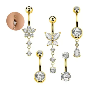 Gold Plated Flower Zirconia Dangle Belly Button Rings Fashion Piercing Xinfocus Stainless Steel Navel Piercing Jewelry