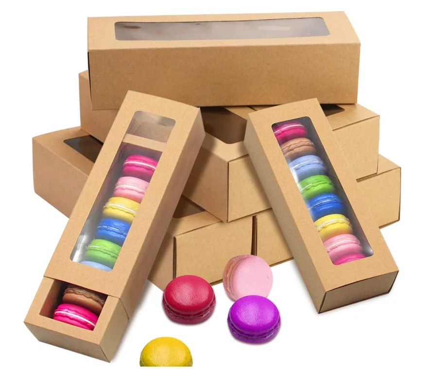 Brown Kraft Macaron Boxes with Clear Window Small Bakery Packaging ...