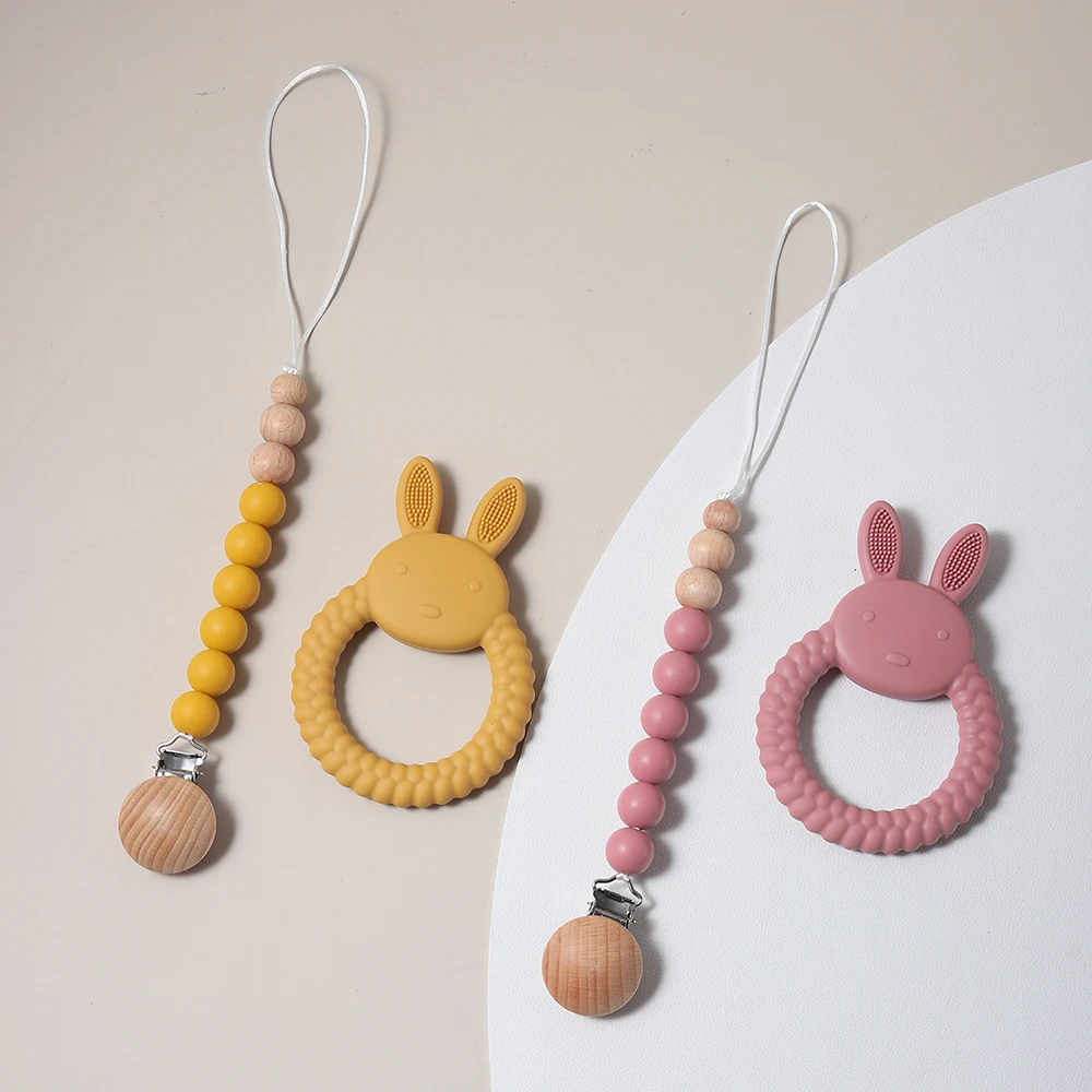 Pacifier Chain and Baby Teether Rabbit Bunny Shape Silicone Teether Teething Toy Kids Sensory Educational Toy Baby Gift Set