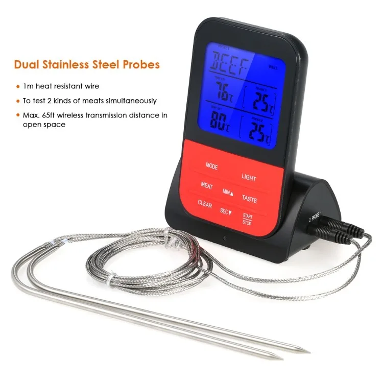Wireless Digital BBQ Meat Thermometer Instant Read Backlight LCD Food Cooking Thermometer with Cook Timer Dual Probes
