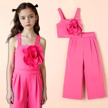European And American Summer Girls' Suit Three-dimensional Flower Decorative Sling Top Trousers Children's Wear