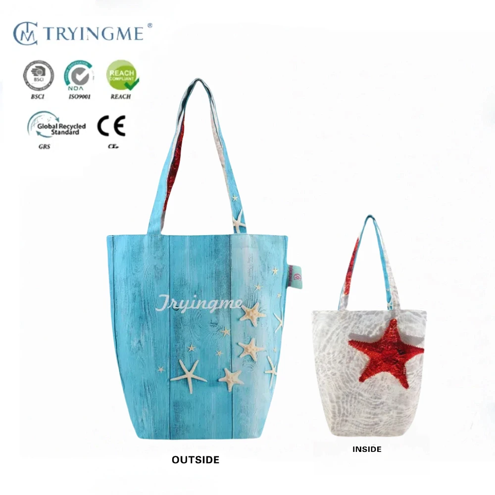 Factory Women's Handle Handbags Starfish Shell Beach Printed Custom Canvas Tote Beach Bag