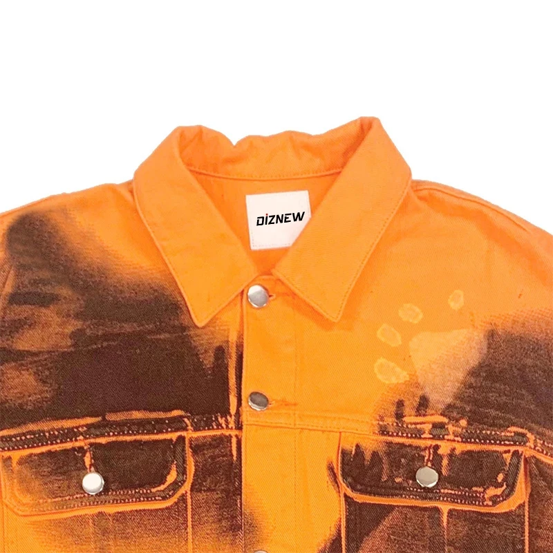 DiZNEW Custom Jacket Button orange Men's Jackets & Coats Full over digital printed  Distressed Denim Jacket details