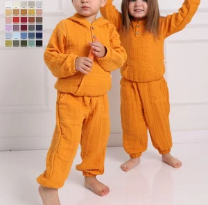 Wholesale Custom Casual Muslin Cotton Kids Clothes Set Hoodies and Long Trousers Cute INS Design Kids Clothing Bales Wholesale