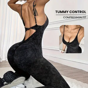Women's Seamless Quick Dry Yoga Jumpsuit Full-Length Adjustable Strap Crew Neck Hollow-Out Design Butt-Lifting Slimming Bodysuit