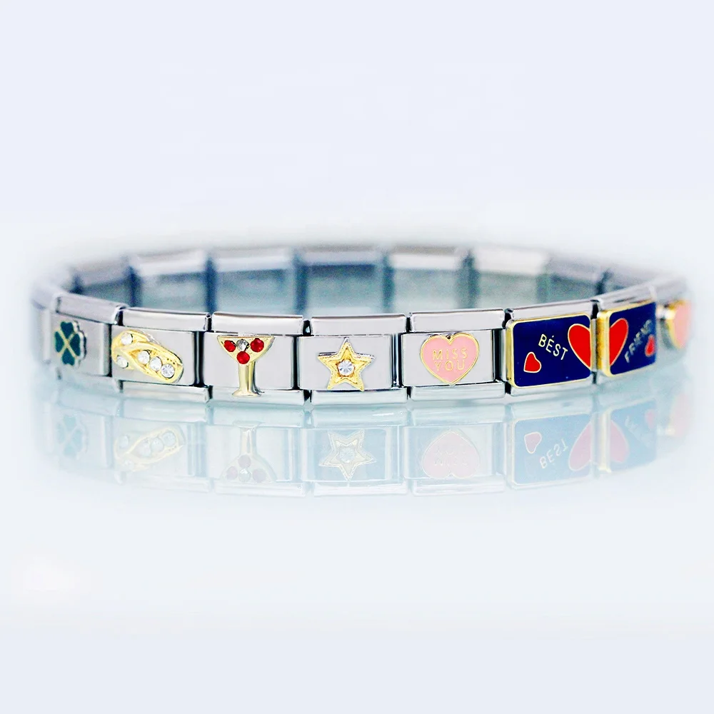 Stainless Steel 9MM Classic Custom Composable Links Gold Star Miss You Heart love Best Friend Italian Charm Bracelet
