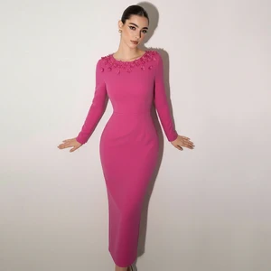 ZYHT 73939 Customization Designer Purple Long Sleeves Crepe Bodycon Sexy 3D Flower Elegant Women Spring Clothes Dress