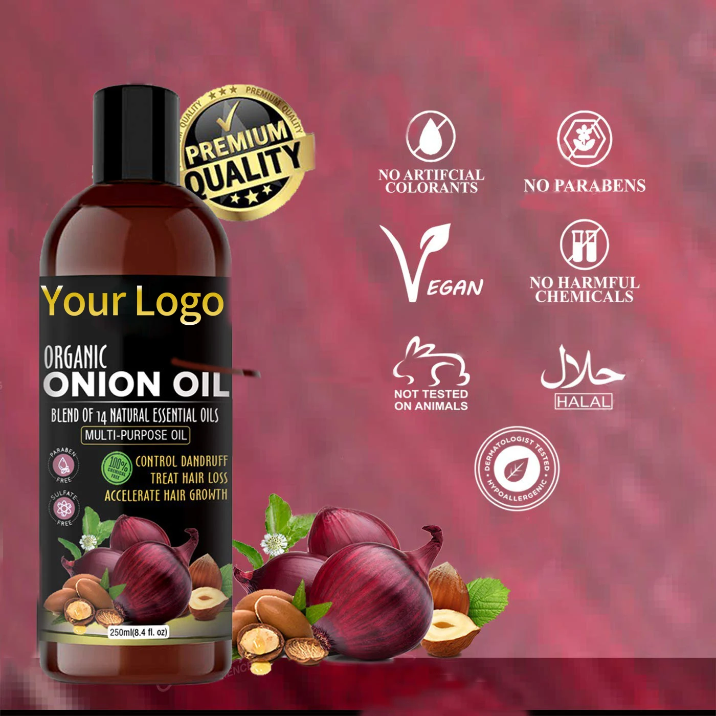 Упаковочные бутылки на заказ, органические 100%, веганские масла для волос, эликсиры, лечение, аргановое касторовое масло для волос с красным луком