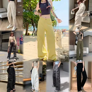 Women's High-Waist Denim Cargo Pants Wholesale Casual Straight Jeans with Breathable Waistband Pocket