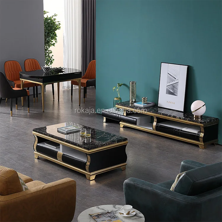 Modern Luxury Marble Coffee Table Tv Set Gold Metal Coffee
