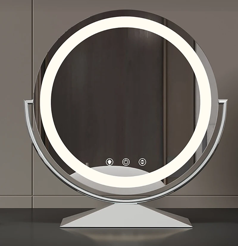 Modern Silver LED Makeup Mirror with Smart Touch Buttons for Bathroom and Vanity