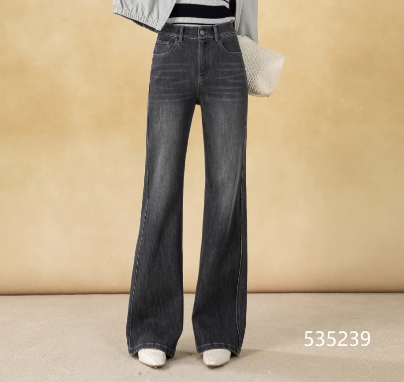 Women's Vintage-Style Dark Wash Straight Stretch Denim Pants Breathable Relaxed Wide-Leg for Formal Wear Simple Fashion