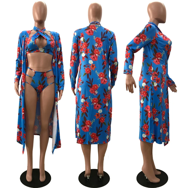 Wholesale Swimwear Sexy Bikini 3 Piece Set Plus Size Flower Print Summer Women Swimsuit