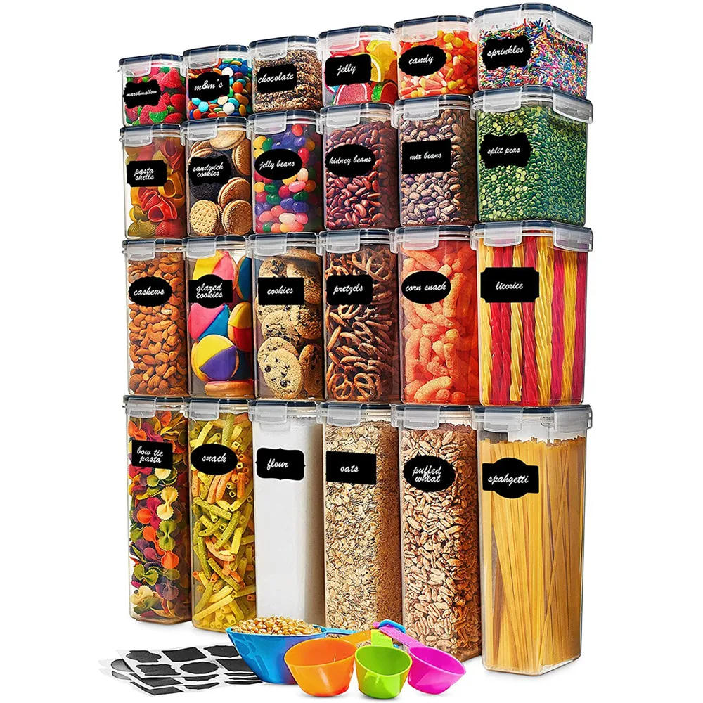 24 Pack Hot Selling Plastic BPA Free Airtight Dry Cereal Food Storage Containers Set for Sugar Flour Baking