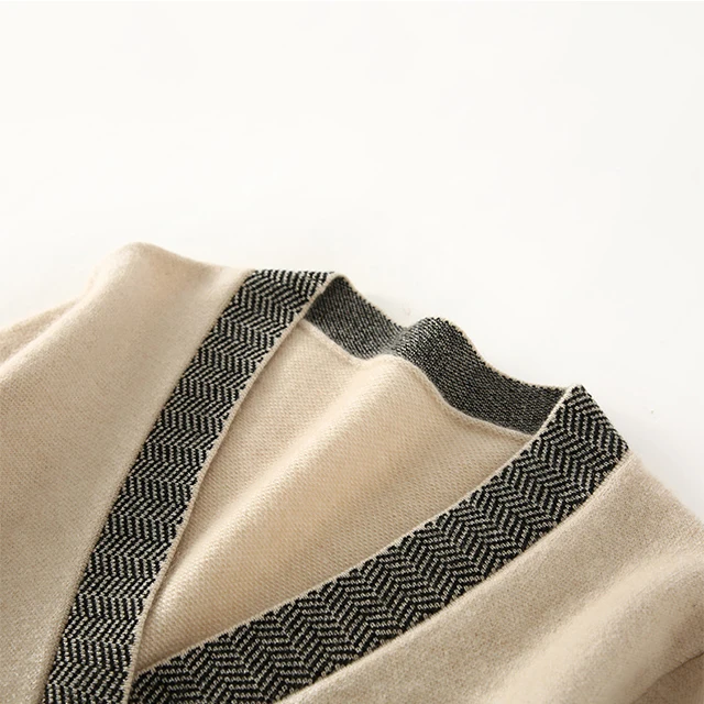 Women's Elegant V-neck Cashmere Dress Fashion Style Color Contrast Office Dress Casual Loose Long Cashmerte Wool Dress