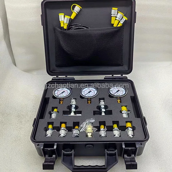 Kit Manomètres Hydrauliques 10-600 Bar – 4 Manomètres, 10 Raccords, 3 Tuyaux, Mallette Robuste Pour Excavatrices, Engins De Chantier