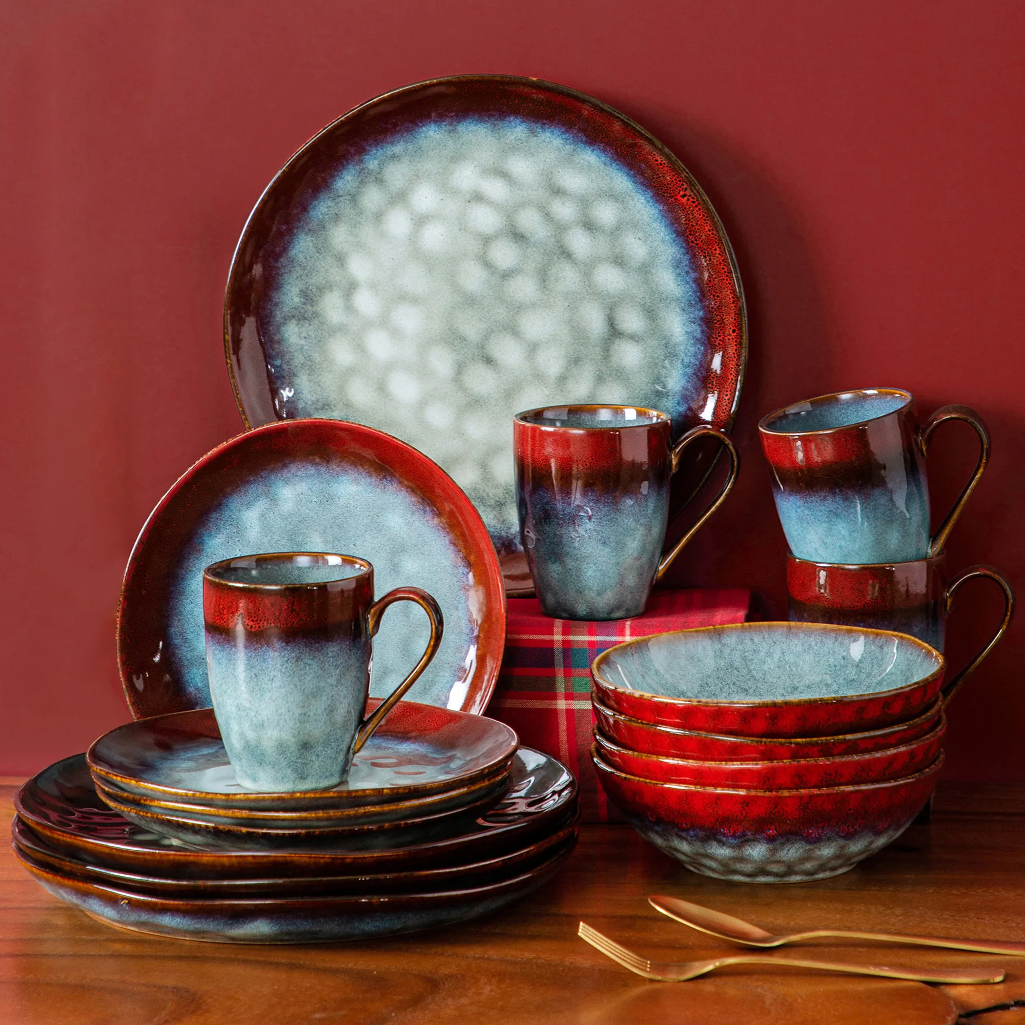 16/32/48-piece Starry Dinner Set,Kiln Change Glaze Tableware Dinner Plate Red Vintage Porcelain Dinnerware Set Vaisselle