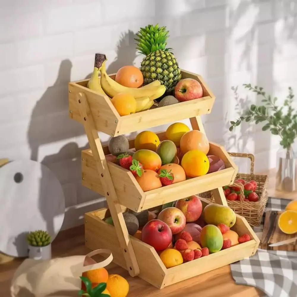 3 Tier Bamboo Potato Onion Bread Vegetable Fruit Storage Basket Countertop Fruit Basket for Kitchen Fruit Basket Stand