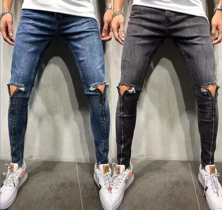 Custom Men's Fashion Ripped Jeans Washed Patch Slim Fit Thin Stretch Skinny Denim Pant Streetwear Men Jeans with Hole
