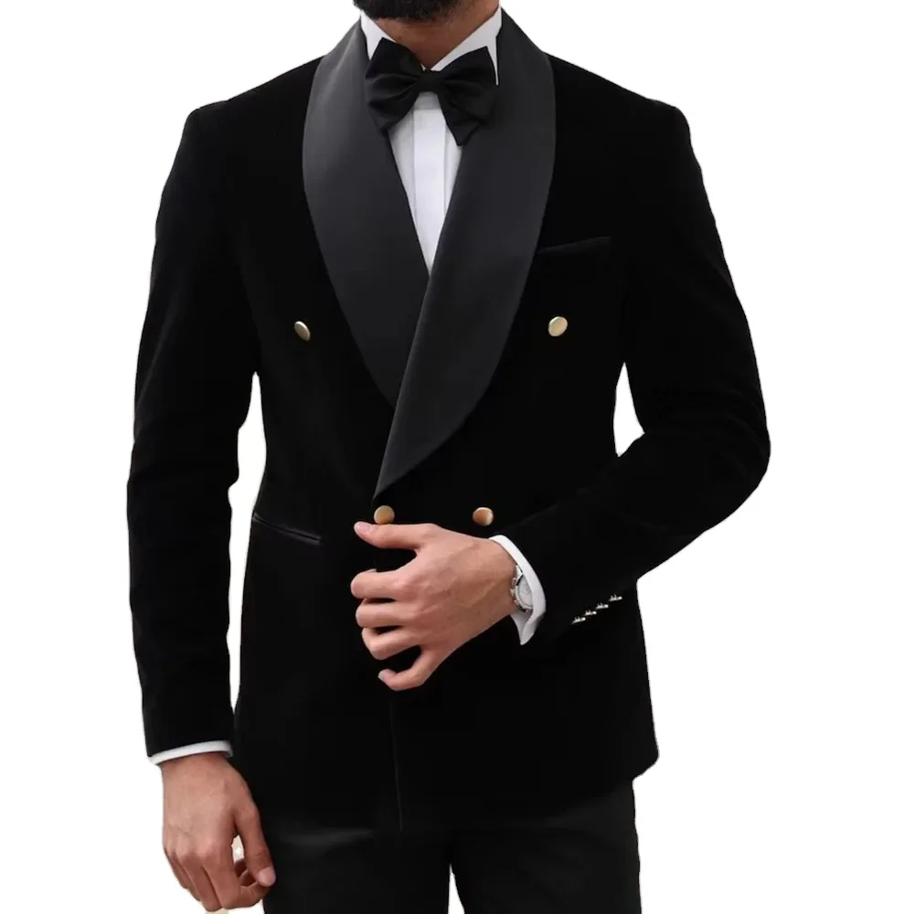 Men's Two Toned Full velour Men's blazer Jacket Lapel Shawl Black Tuxedo wool Fabric Suit main image 0