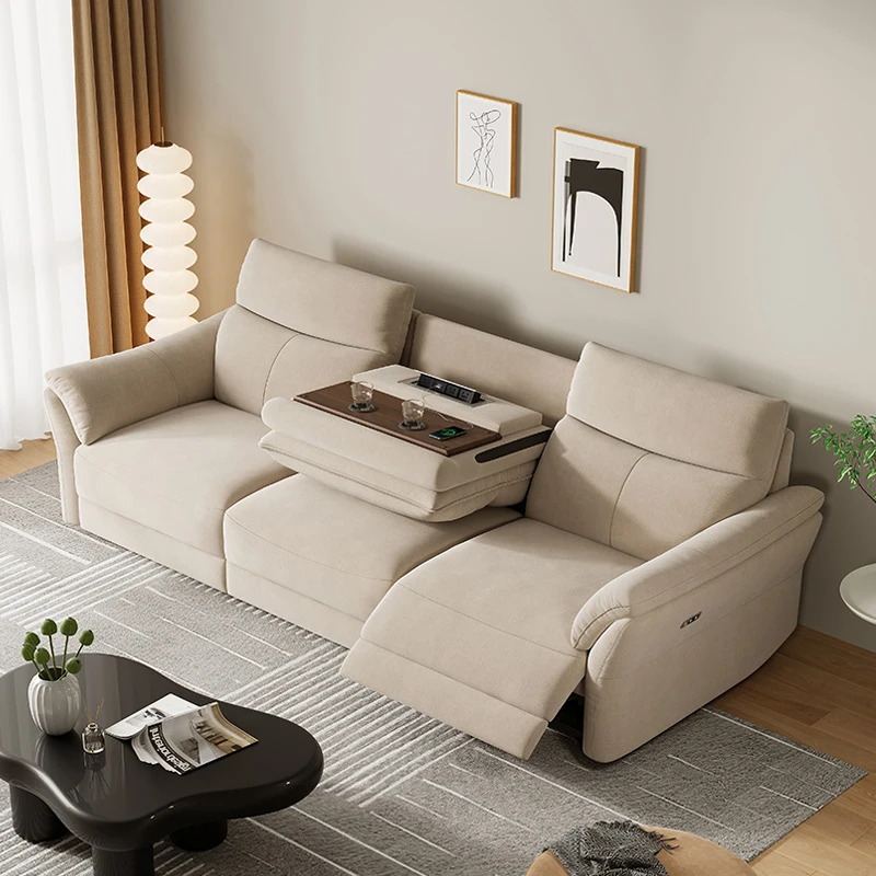 Modern Simple Small Space Living Room Recliner Electric Sofa Smart with Cup Holder with USB 3 Seater Khaki Fabric Recliner Sofa