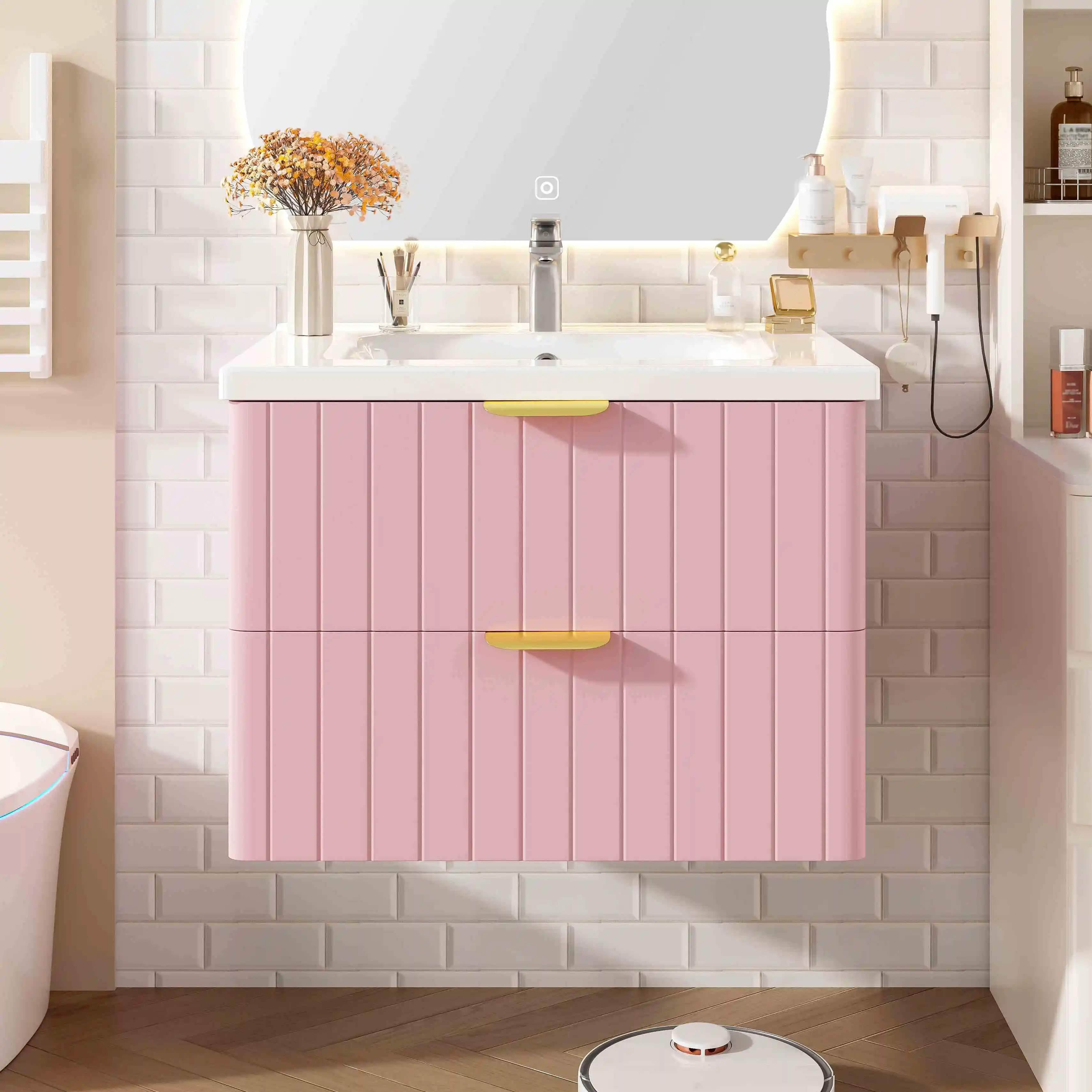 Meuble de salle de bain suspendu rose lavabo céramique